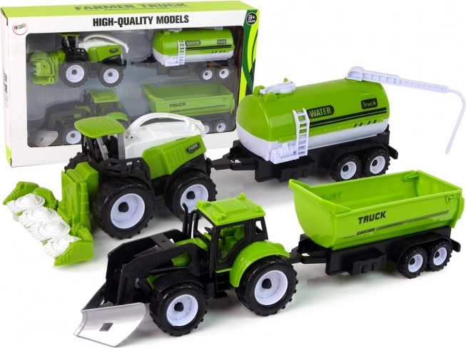 Sæt med landbrugskøretøjer med traktor, mejetærsker og tankvogn