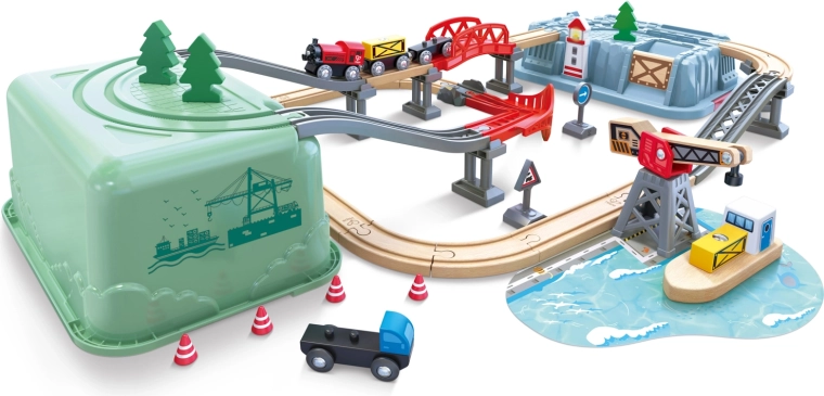 HAPE Railway Bucket Harbour Set – Havnesæt i boks med togbane