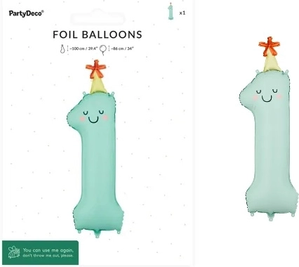 Folieballon tal 1 i mat mint med ansigt 86 cm