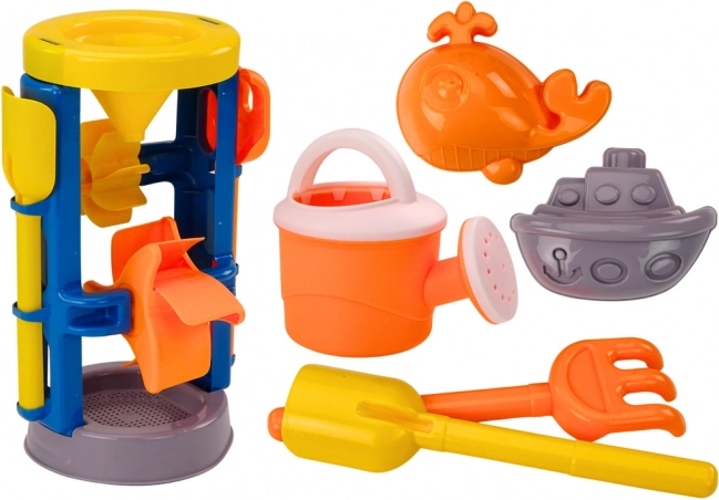 Stor sandsæt med mølle, skovl, rive, vandkande og forme
