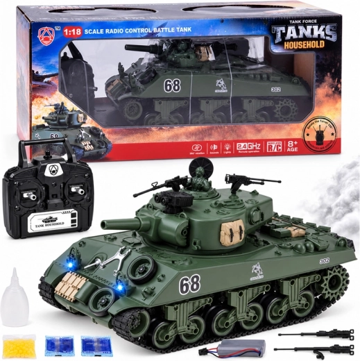Fjernstyret Sherman M4A3 tank med 2,4 GHz fjernbetjening, skydning, røg og lyd 36 cm