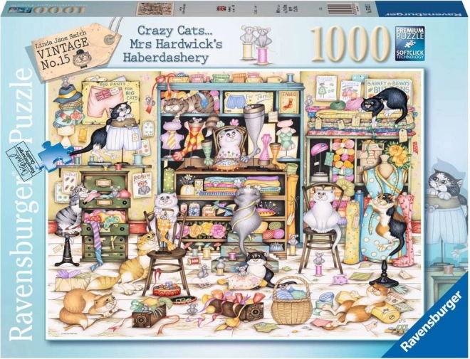 Puslespil RAVENSBURGER Crazy Cats – katteleg i sytilbehørsbutik, 1000 brikker