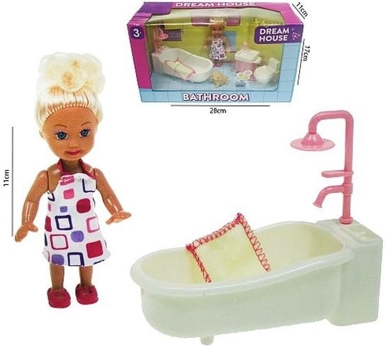 Mini-dukke 11 cm med badeværelsessæt