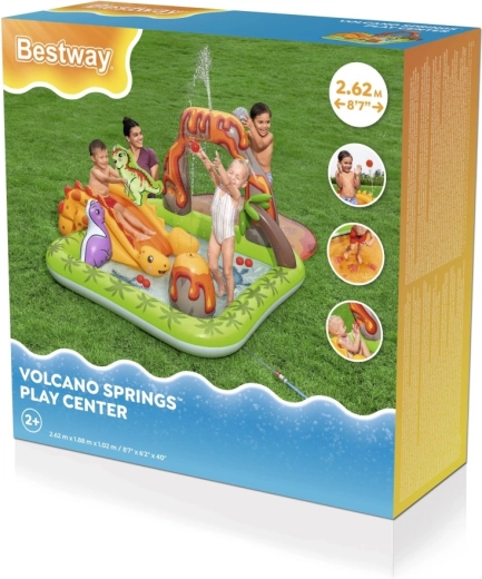 Oppusteligt legetræningscenter med dinosaurer med rutsjebane og vandspreder