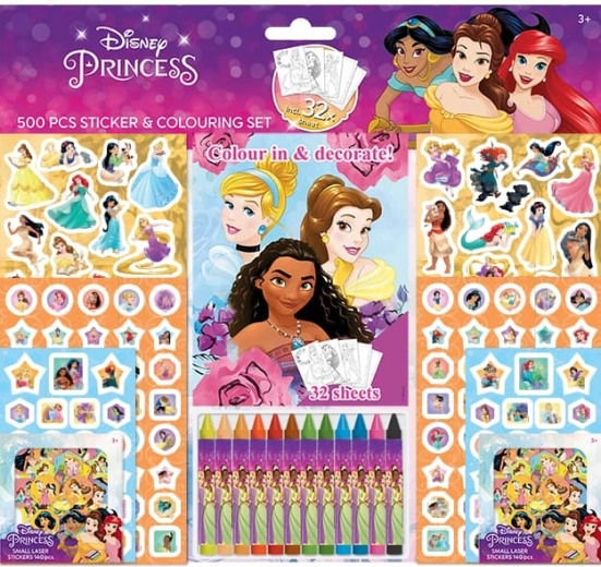 Disney Prinsesser klistermærkesæt med malebog og farvekridt (500 stk.)