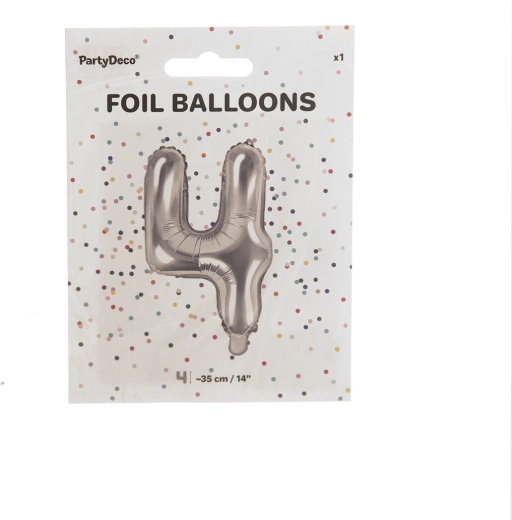 Sølv folieballon tal 4, 35 cm