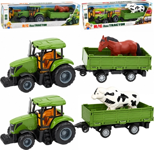Grøn traktor med trailer og hest med fjernbetjening