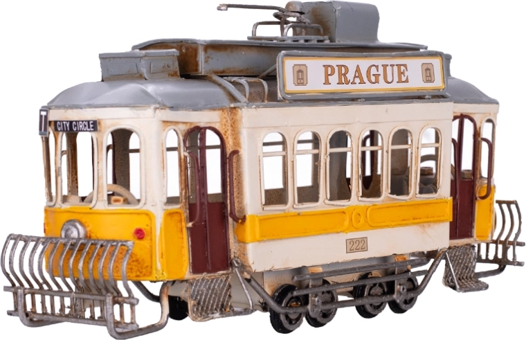 Metalmodel af gul sporvogn Prague 27,5 cm – dekoration og samlerobjekt