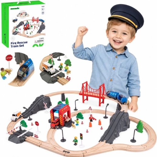 Tooky Toy elektrisk træbane i træ med brandstation og lydeffekter, 70 dele, FSC