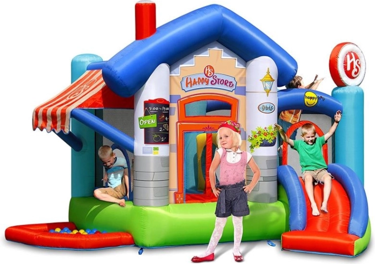 Happyhop hoppeborg Happy Store med rutsjebane og trampolin