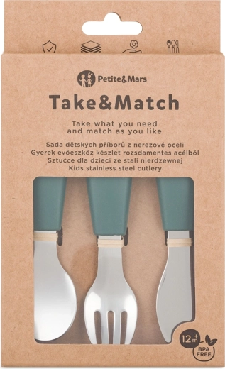 Petite&Mars sæt af børnebestik i rustfrit stål Take&Match Misty Green 12m+
