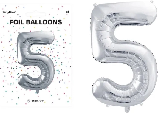 Folieballon tallet 5, sølvfarvet, 86 cm