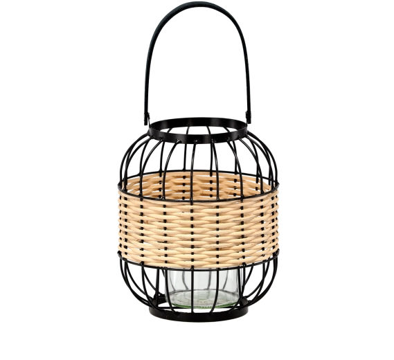 Lanterne i metal og træ med glasindsats, højde 24/39 cm