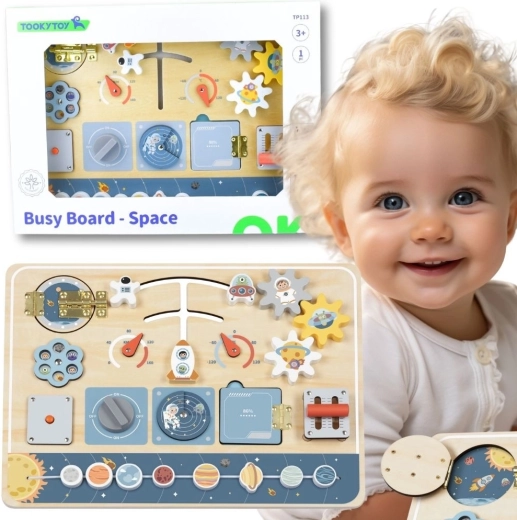 Montessori-aktivitetsbræt i træ med rummotiv fra Tooky Toy