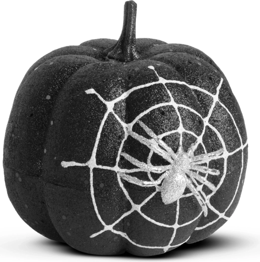 Halloweenpynt græskar med edderkop og sort glitter 15 cm