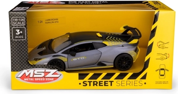 Lamborghini Huracán STO-bilmodel i målestoksforholdet 1:24, sølvgrå