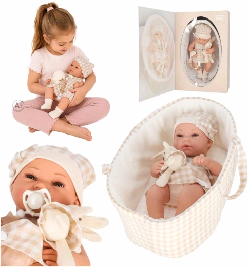 Beige babydukke 38 cm med bæreselelift, sut med clips og plyskanin