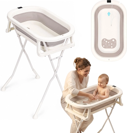 Ecotoys sammenklappeligt babybadekar på stativ med afløb og LCD-termometer