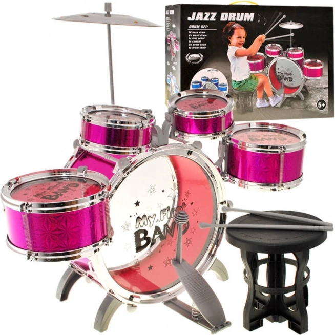 Trommesæt til børn, 5 dele med skammel – Rosa