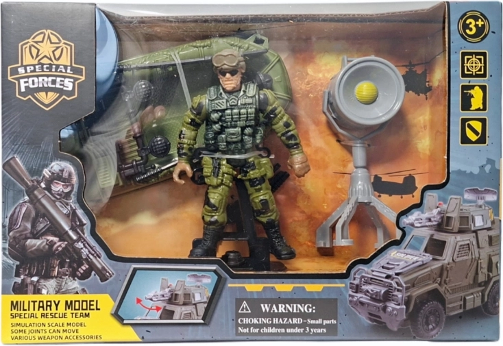 Militærsæt med soldaterfigur, køretøj og tilbehør