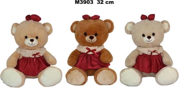 Plysisbamse i kjole, 32 cm, 3 farvevarianter - 1 stk.