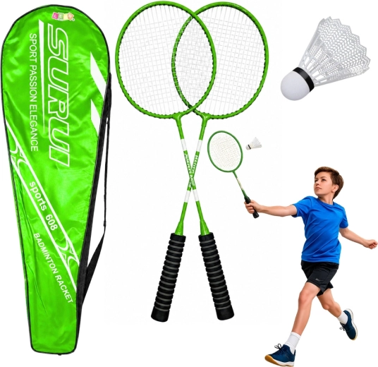 Grønt badminton-sæt med 2 ketsjere, fjerbold og etui