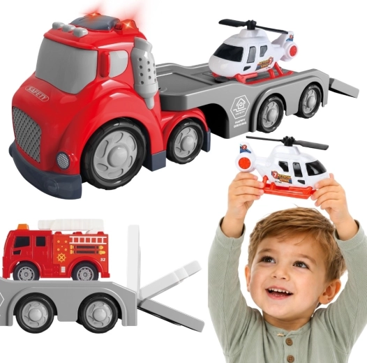 Woopie City Truck brandbil med bugseringsvogn, helikopter og lydeffekter