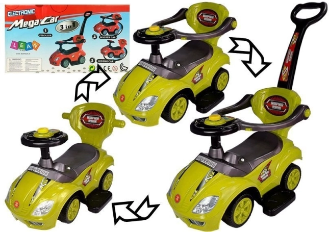 Gåbil med styrestang Mega Car 3-i-1 – gul