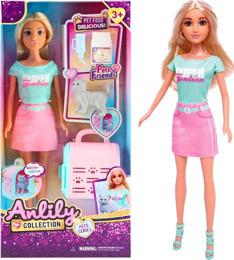 Dukke med transportboks og kat