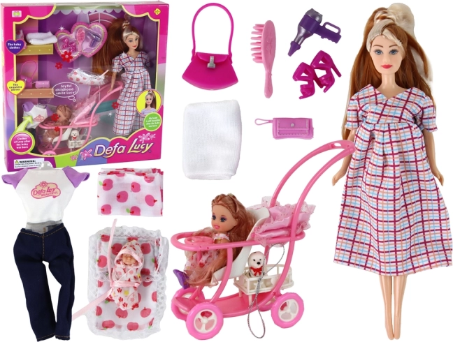 Dukke Lucy Gravid med Barn og Barnevogn