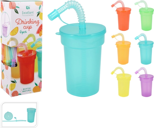 Plastikkop med låg og sugerør 380 ml, farveblanding, sæt 6 stk.