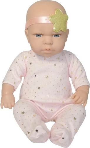 Babydukke nyfødt i heldragt med hårbånd