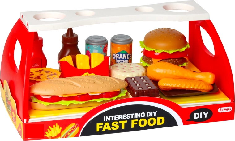 Fastfood-sæt: hamburger og baguette med tilbehør