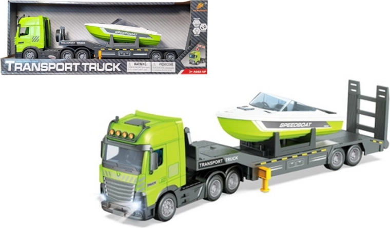Bil – lastbil med autotransporter med motorbåd med lys og lyd