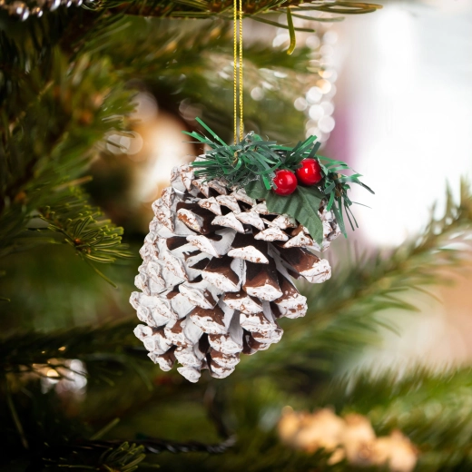 Juledekoration med kogler og røde bær 12 cm, 2 stk.