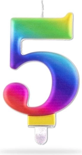 Fødselsdagslys tal 5 på pind, regnbuefarvet 7,5 cm