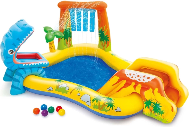 Oppusteligt dinosaur-vandlegered med rutsjebane 249 × 191 × 109 cm Intex