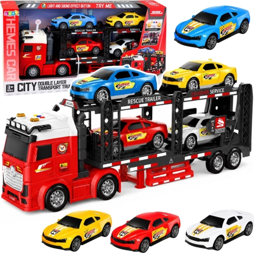 Transportlastbil – autotransporter med 4 sportsbiler, lys og lyde