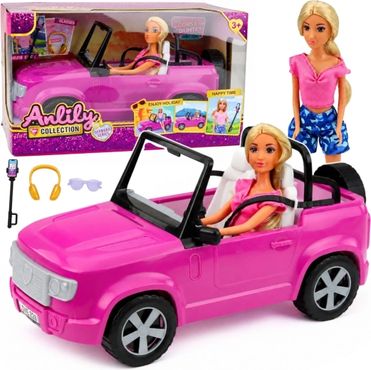 Anlily-dukke i cabriolet med tilbehør