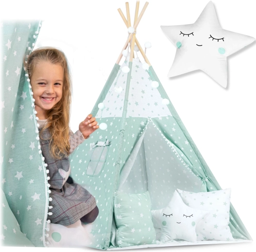 Børne-tipi med lyskæde – mint med stjerner