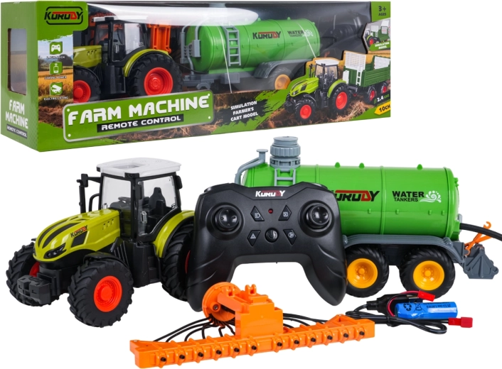 Fjernstyret traktor med tankvogn og høvender i skala 1:24