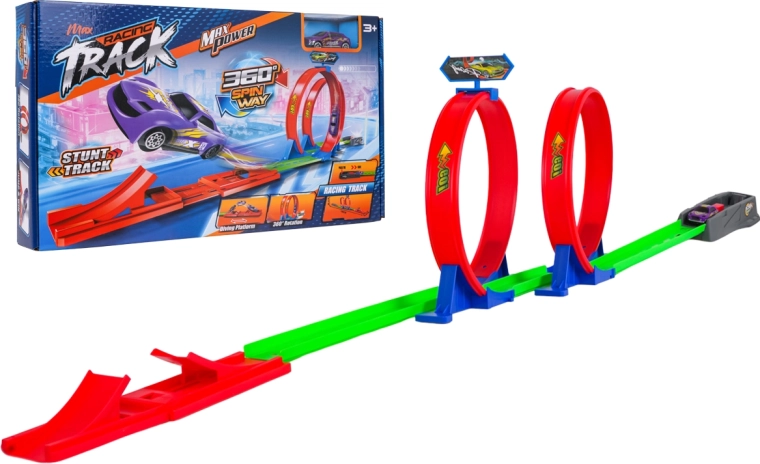 Racerbane med to loops og en legetøjsbil