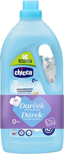 Chicco skyllemiddel Baby Sensitive Sød pudder 1,5 l (60 vaske) + vådservietter 72 stk.