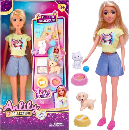 Dukke med kat, hund og foderskåle