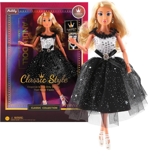 Mode-dukke i sort-hvid aftenkjole