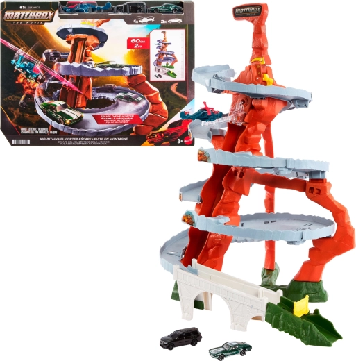 Matchbox The Movie bjergjagt med helikopter legesæt (bane + 2 biler + helikopter)