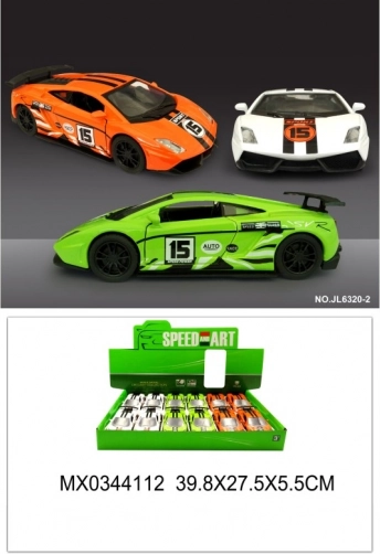 Metal sportsvognsmodel med åbne døre og pull-back-funktion