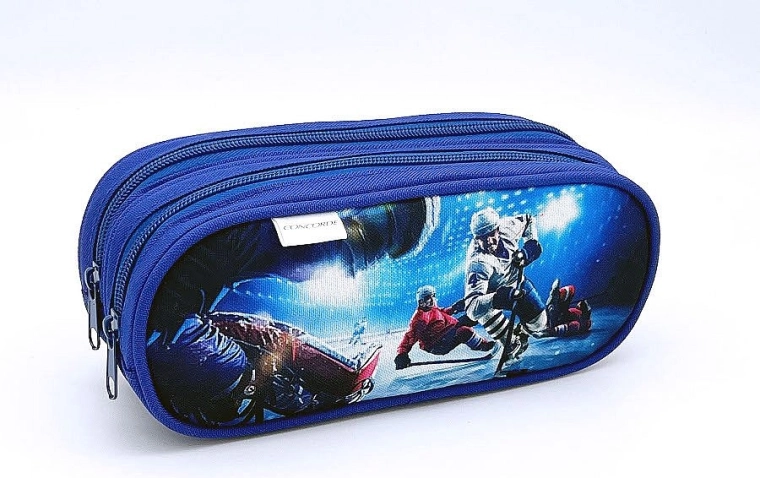 Etui med ishockeymotiv, dobbeltlynlås, blå