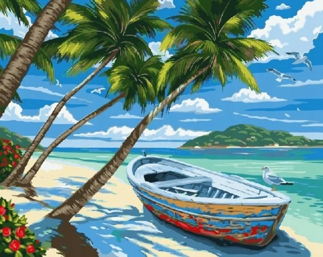 Diamantmaling – strand med palmer og båd 30 × 40 cm