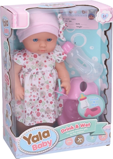 Babydukke, der tisser, med flaske 30 cm